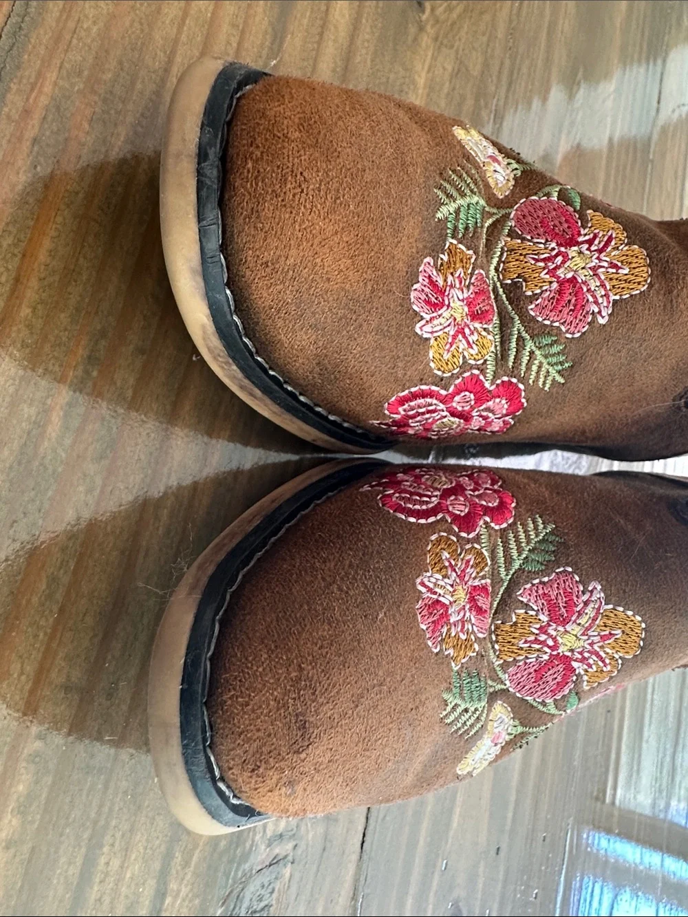 Roper Brown Kids Western Boots with Pink & Green Floral Embroidery